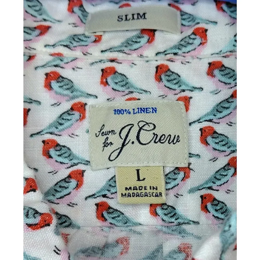 J.Crew Mens 100% Linen Bird Print Shirt Slim Fit Large Short Sleeve Coastal